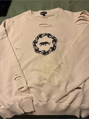 Just Cavalli Cream Distressed Crewneck with Black Emblem
